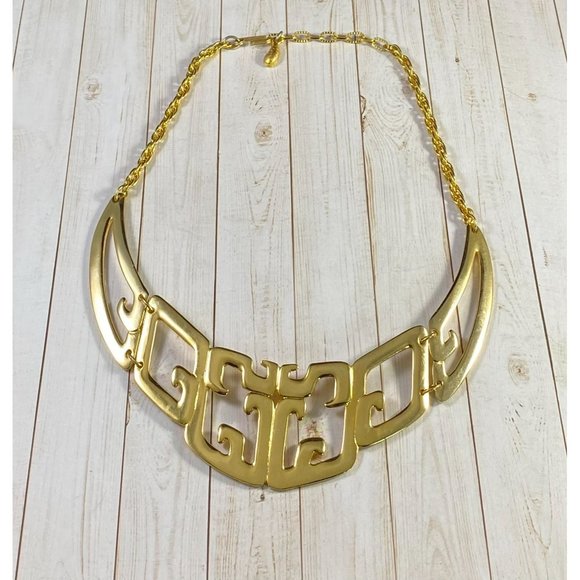 Vintage Tortolani Necklace Abstract Shiny Gold Tone Bib Designer 15.5 inches - Picture 2 of 8